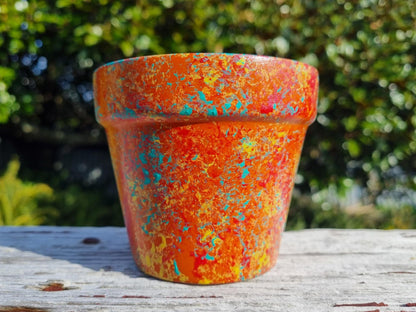 Hand Painted Plant Pot Orange and Turquoise