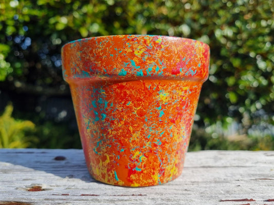 Hand Painted Plant Pot Orange and Turquoise