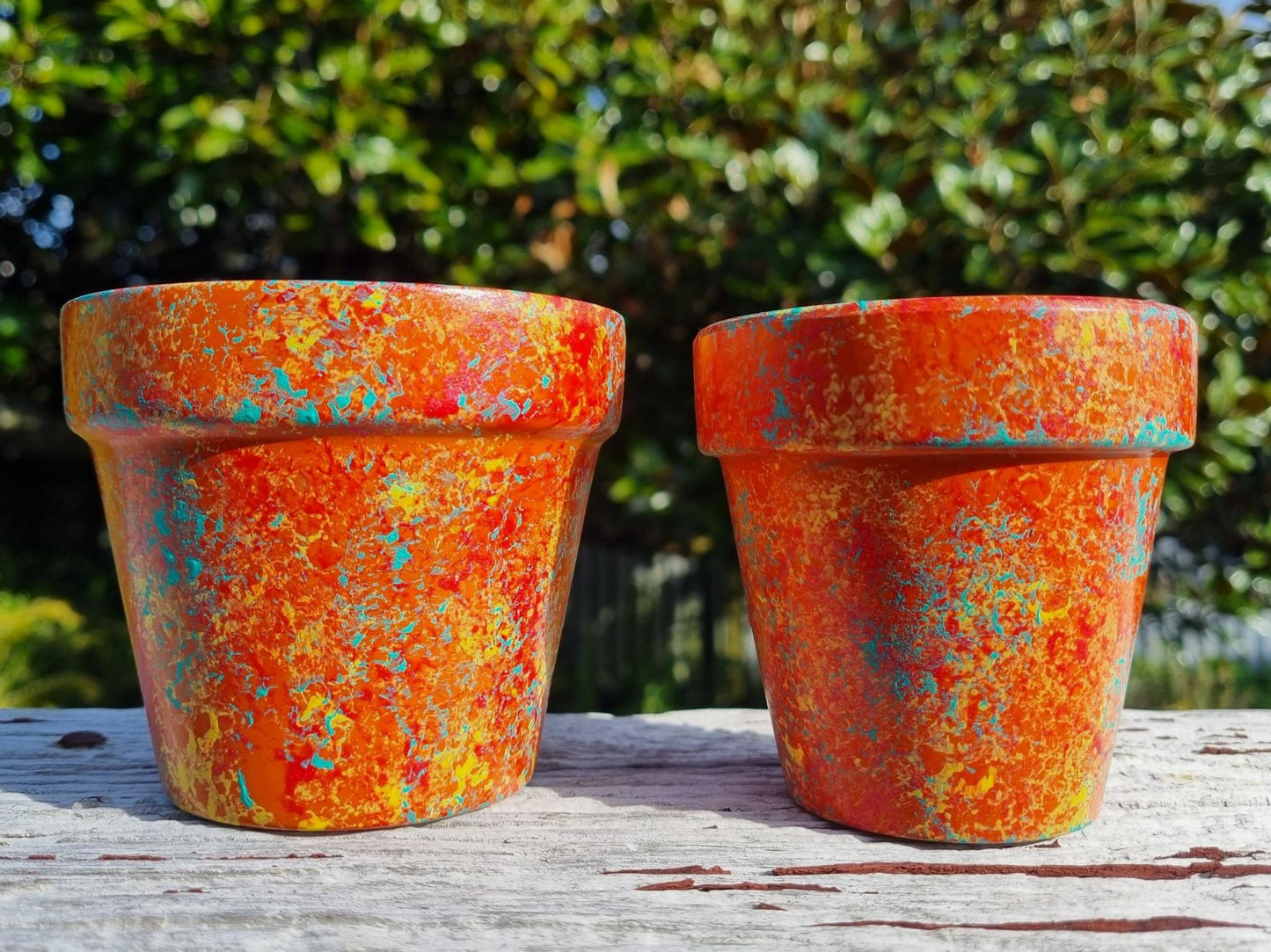 Hand Painted Plant Pot Orange and Turquoise